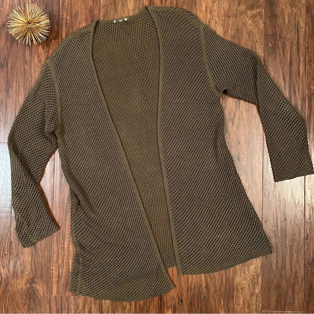 Open Knit Open Front Olive Green Long Cardigan Sweater - Picture 2 of 6